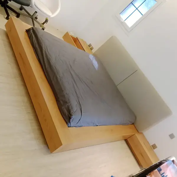 Veneer Wooden Bed With Upholstered Headboard