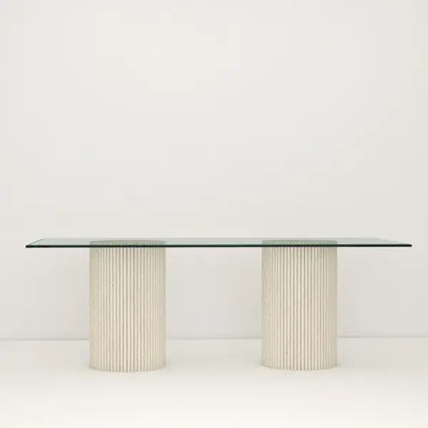 Micro Plaster Fluted Pedestal with Glass Top Dining Table