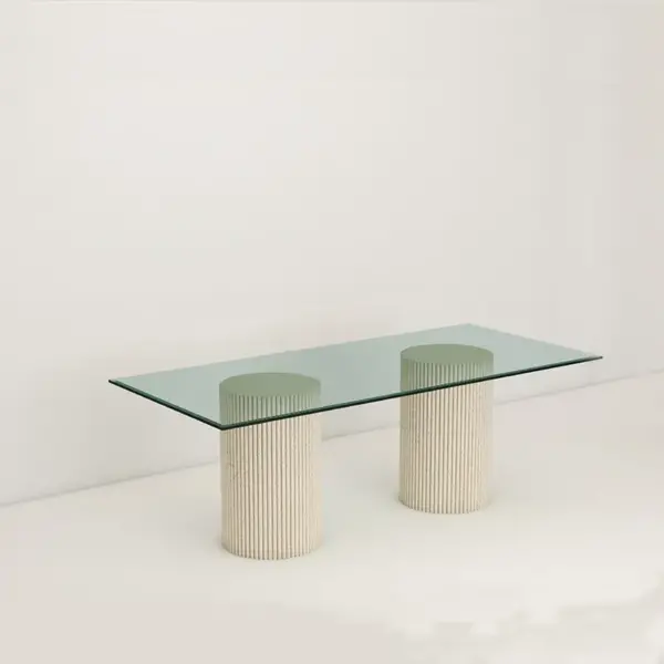 Micro Plaster Fluted Pedestal with Glass Top Dining Table