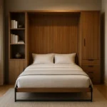 Modern Murphy bed in closed position with rich wood veneer finish, flanked by matching side cabinets—one with open shelves and one with drawers—set in a stylish, space-saving bedroom with soft lighting and elegant decor."