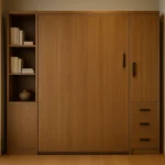 Modern Murphy bed in closed position with rich wood veneer finish, flanked by matching side cabinets—one with open shelves and one with drawers—set in a stylish, space-saving bedroom with soft lighting and elegant decor."