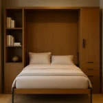 Modern Murphy bed in closed position with rich wood veneer finish, flanked by matching side cabinets—one with open shelves and one with drawers—set in a stylish, space-saving bedroom with soft lighting and elegant decor."