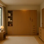 Modern Murphy bed in closed position with rich wood veneer finish, flanked by matching side cabinets—one with open shelves and one with drawers—set in a stylish, space-saving bedroom with soft lighting and elegant decor."