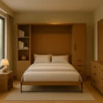 Modern Murphy bed in closed position with rich wood veneer finish, flanked by matching side cabinets—one with open shelves and one with drawers—set in a stylish, space-saving bedroom with soft lighting and elegant decor."