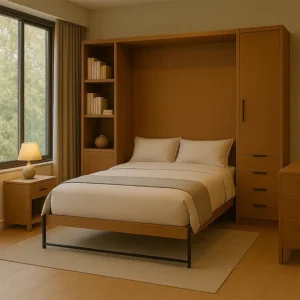 Modern Murphy bed in closed position with rich wood veneer finish, flanked by matching side cabinets—one with open shelves and one with drawers—set in a stylish, space-saving bedroom with soft lighting and elegant decor."