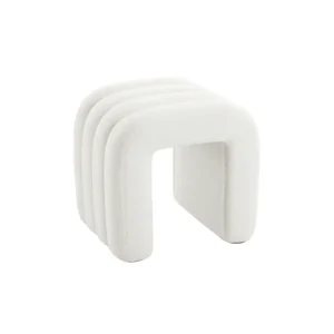 Upholstered Arcus Ottoman in white bouclé with sculptural U-shaped base – modern accent stool by HOC Furniture