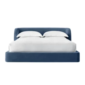 Modern Flow Upholstered Bed with rounded headboard in blue velvet finish