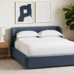 Contemporary low profile designer bed with curved soft headboard and clean lines