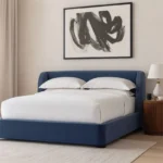 Custom made curved headboard bed styled in modern bedroom interior setting