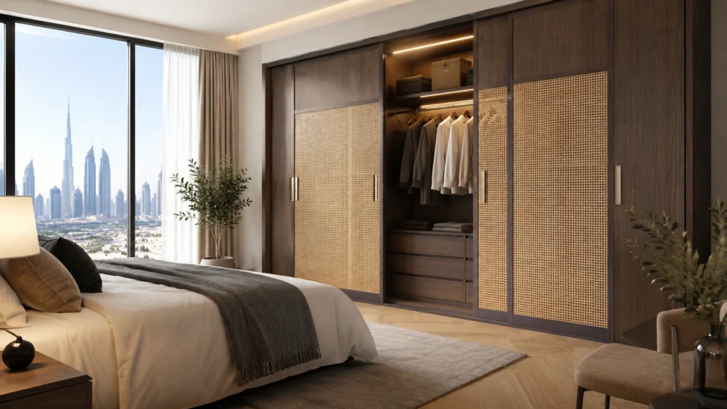 Custom sliding wardrobe in a modern Dubai bedroom