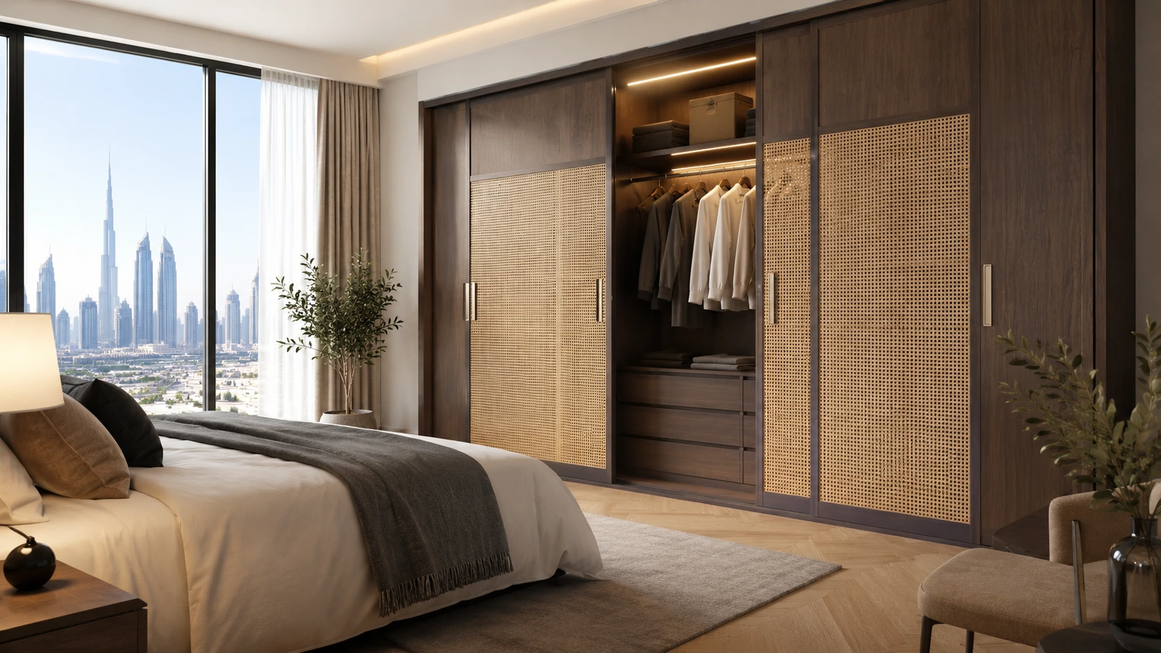 Custom sliding wardrobe in a modern Dubai bedroom