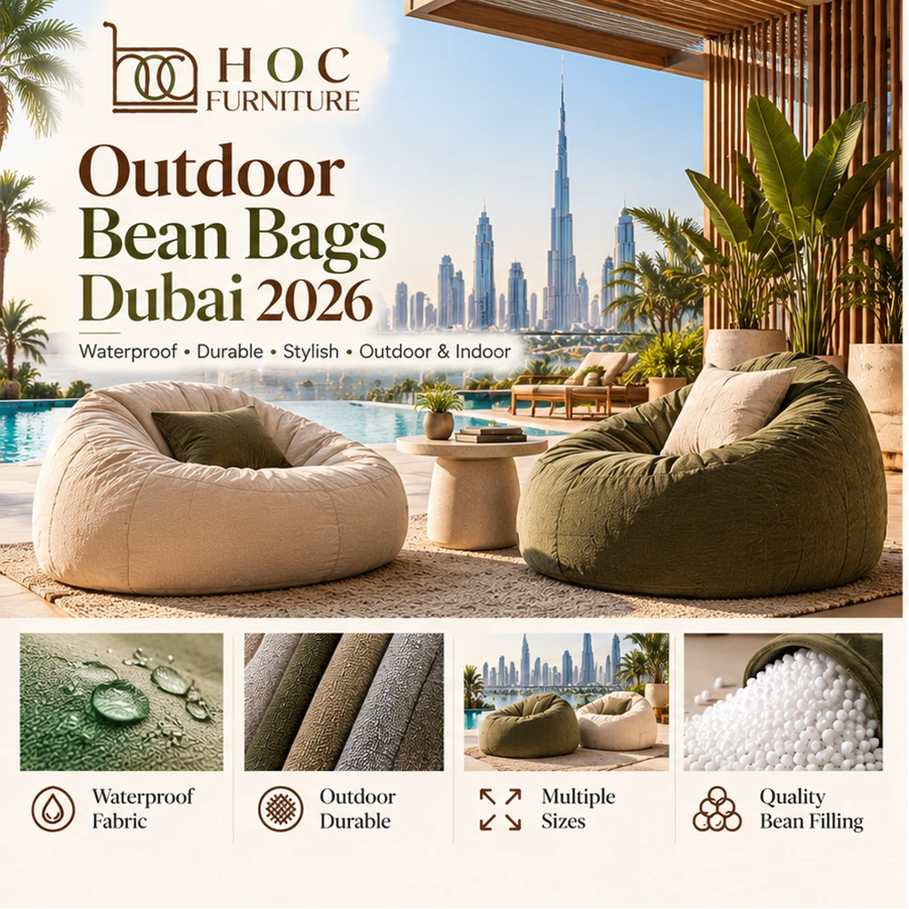 Outdoor bean bags Dubai 2026 waterproof fabric balcony garden and poolside buying guide by HOC Furniture