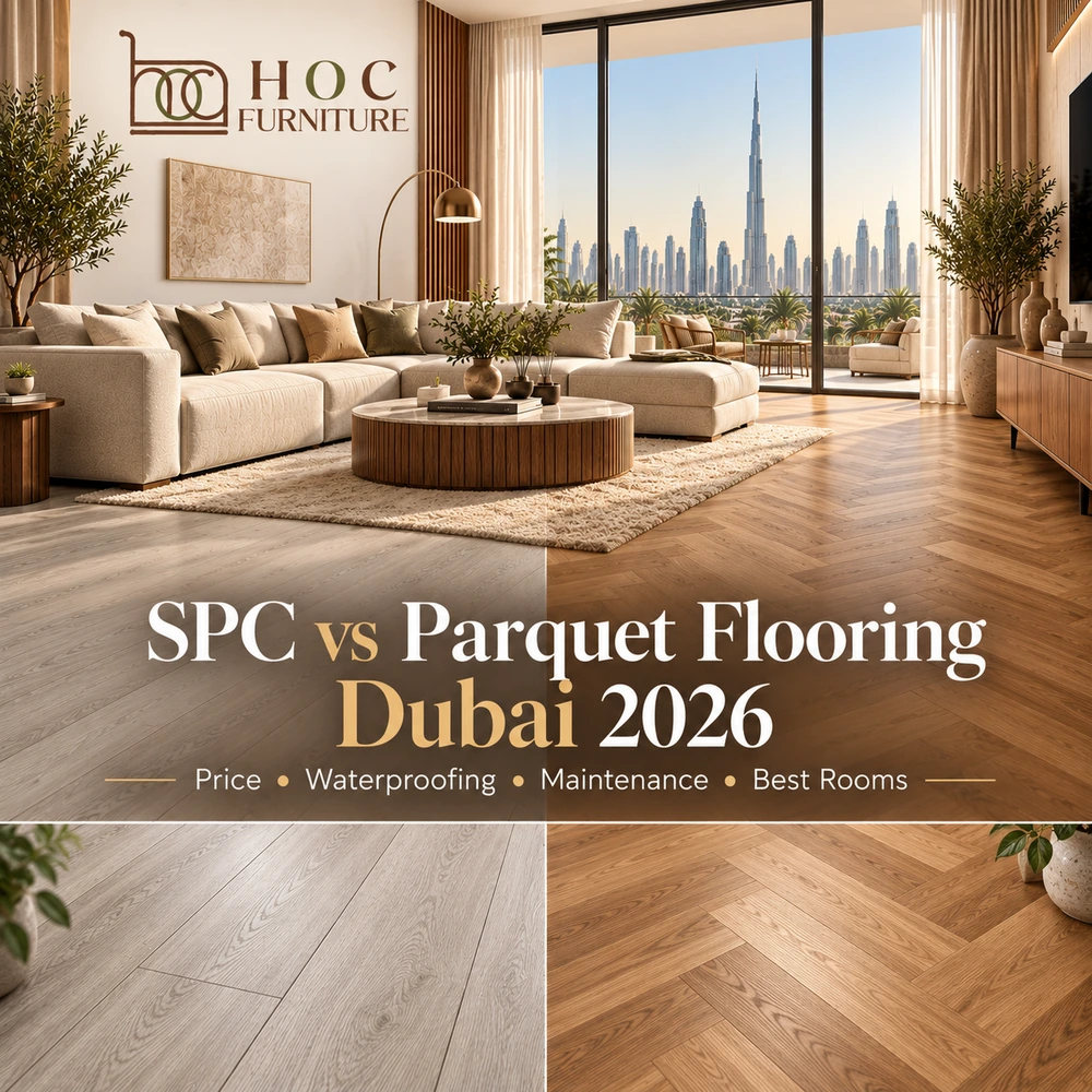 SPC vs parquet flooring Dubai 2026 price waterproofing maintenance and best rooms by HOC Furniture
