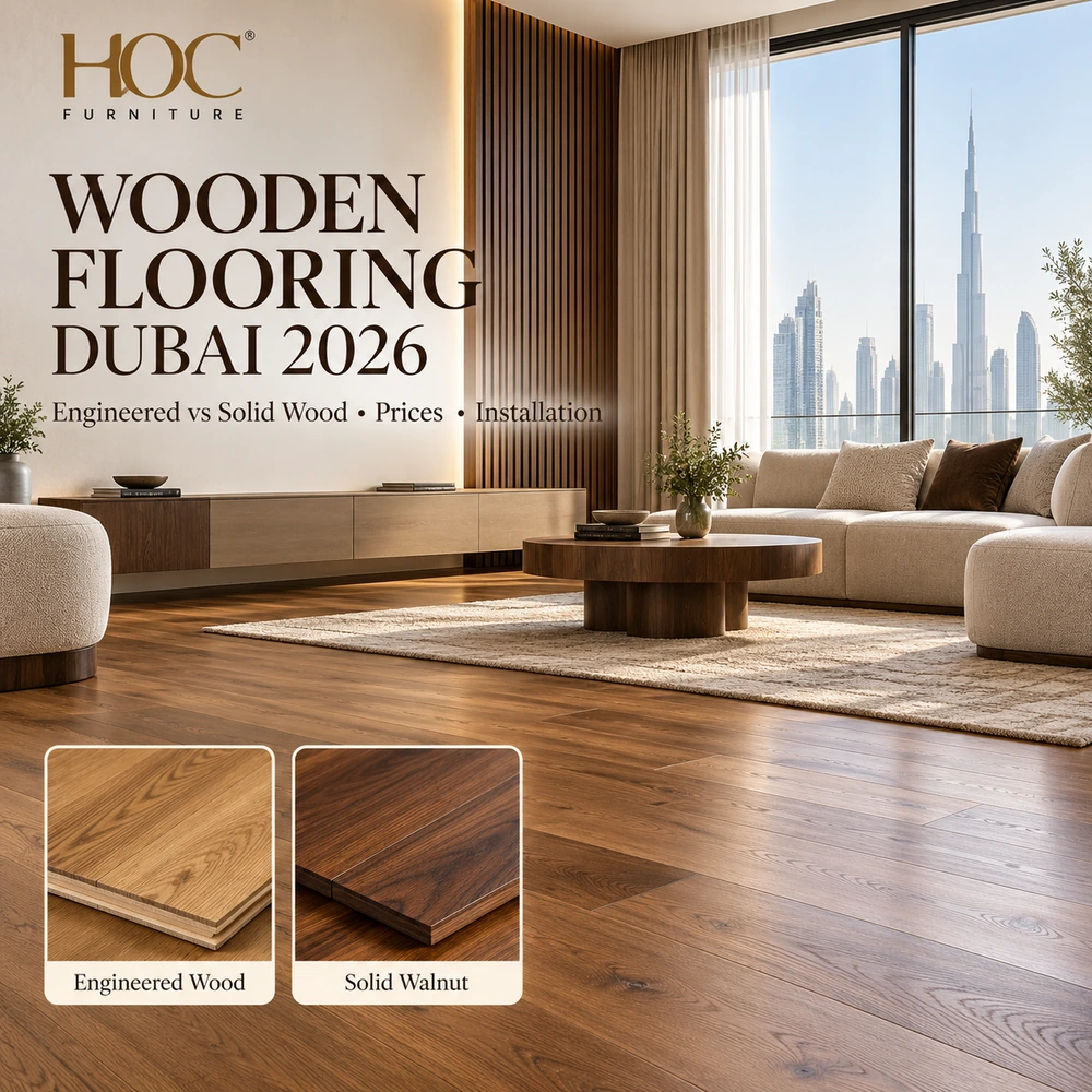 Wooden flooring Dubai 2026 engineered vs solid wood prices and installation by HOC Furniture